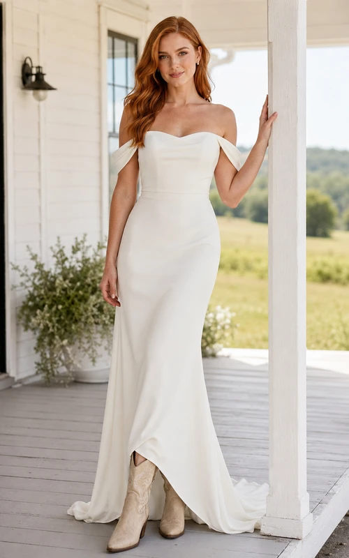 Minimalist Crepe Mermaid Off Shoulder Short Sleeve Wedding Dress Simple