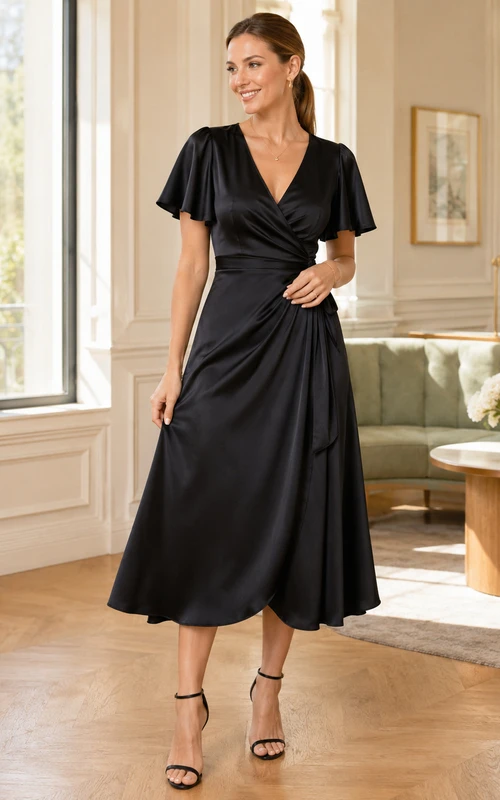 Black Satin Flutter Sleeve Wrap V Neck Mixer Midi Dress
