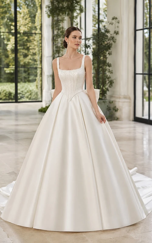 Robe de bal moulante en satin à bretelles carrées, sans manches, avec traîne chapelle et nœud décoratif, style vintage. Robe de mariée de style ancien.