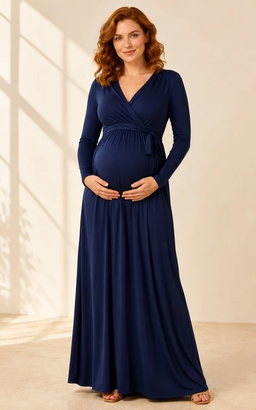 Robe de maternité bleu marine foncé, col en V, manches longues, en jersey, coupe trapèze, longueur au sol