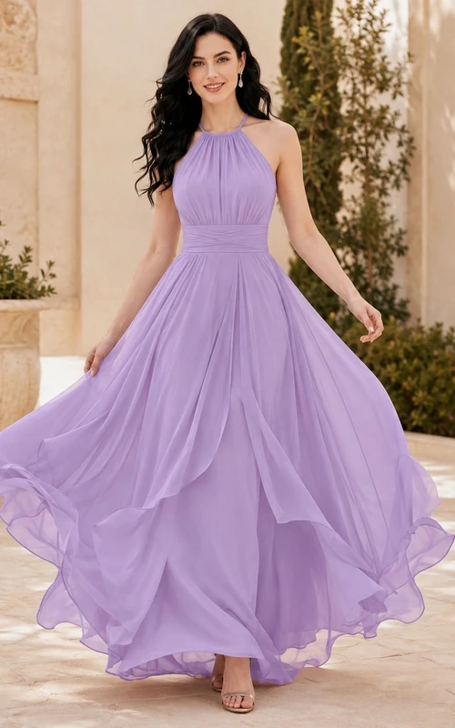 Boho Lilac Square Neck Sleeveless Tiered A-line Chiffon Dress