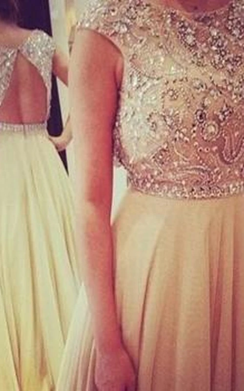 Langes, elegantes, ärmelloses Chiffon-Abendkleid mit Rundhalsausschnitt, Perlen- und Kristallverzierungen