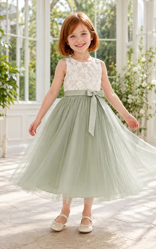 Robe romantique de demoiselle d'honneur pour jardin, coupe trapèze, sans manches, en tulle et dentelle sauge, longueur thé, avec nœud.