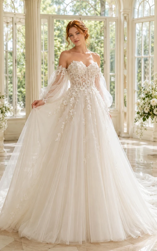 Vestido de novia de encaje y tul, estilo princesa, con hombros descubiertos, cola larga y apliques.