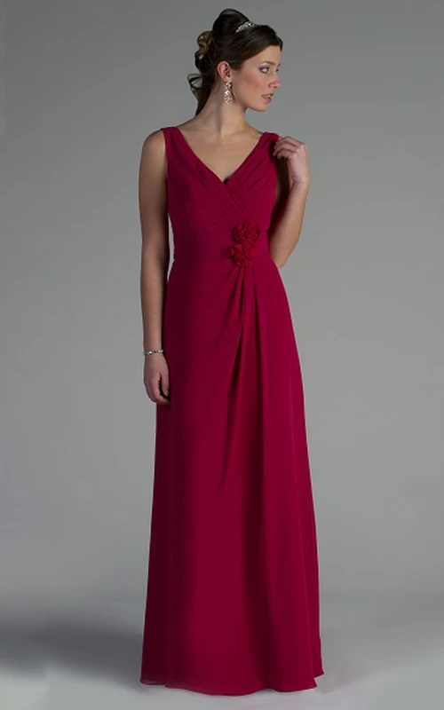 V Neck A-line Chiffon Long Dress With Waist Flowers