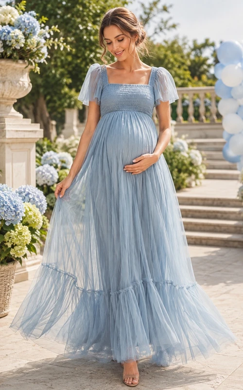 Maternity Romantic Sky Blue Square Neck Puff Sleeve Empire Tulle Dress
