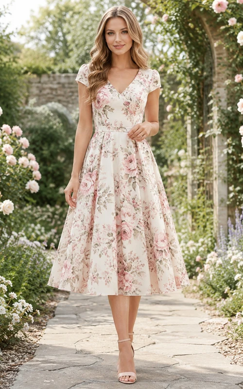 Light Floral V-Neck Cap Sleeve Garden Tea Dress
