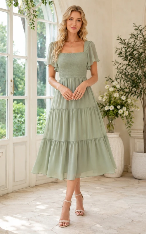 Salbeigrünes, gestuftes Chiffonkleid in A-Linie mit eckigem Ausschnitt und Puffärmeln in Teelänge