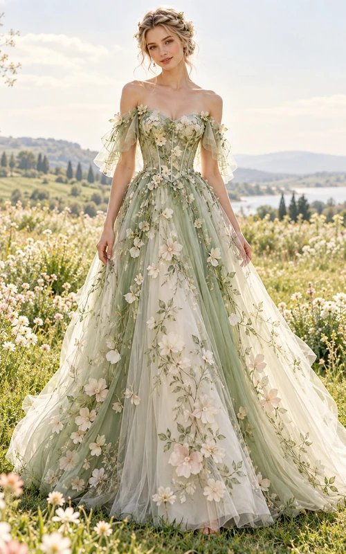 Robe longue de soirée en tulle à épaules dénudées et appliqué floral Fairy Sage