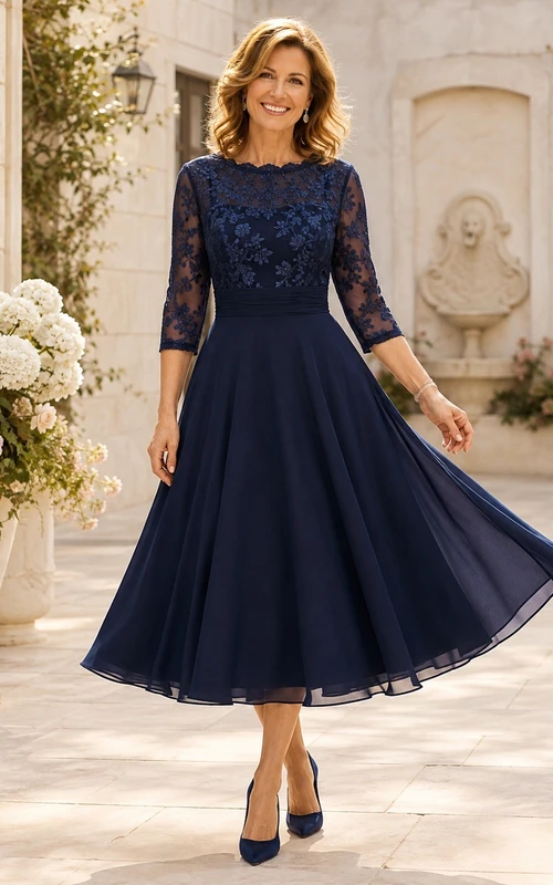 Dark Navy Lace Three Quarter Sleeve Tea-Length A-Line Dress