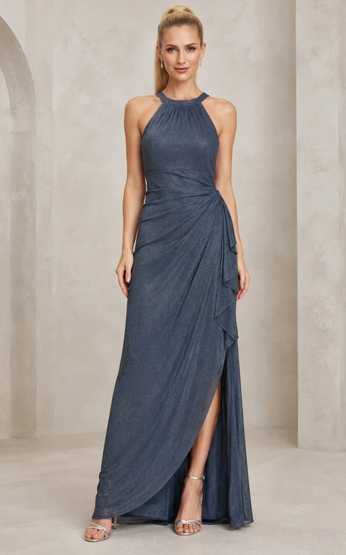 Schieferblaues, gerafftes Chiffon-Abendkleid in A-Linie mit Neckholder und Schlitz, bodenlang