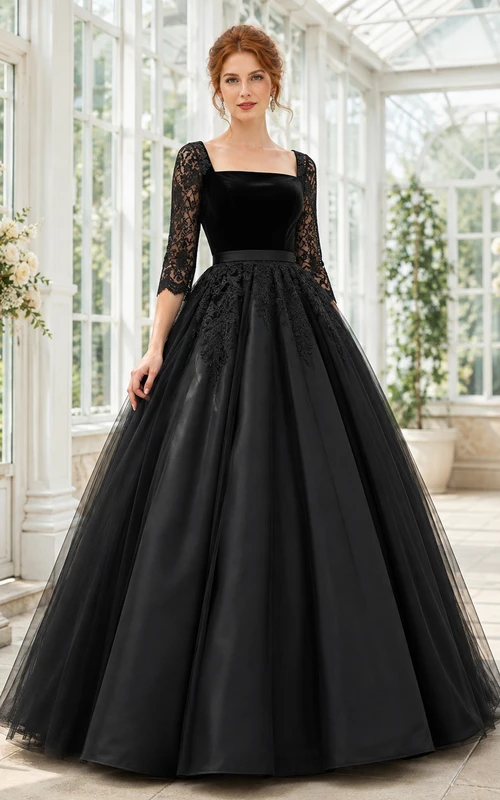 Elegante vestido de gala largo hasta el suelo, negro, con escote cuadrado, mangas tres cuartos y encaje satinado.