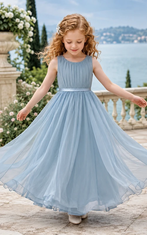 Blumenmädchenkleid, himmelblau, Chiffon, A-Linie, V-Ausschnitt, Teelänge, plissiert