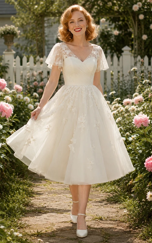 Vintage Tea Length Lace Flutter Sleeve Garden Wedding Dress