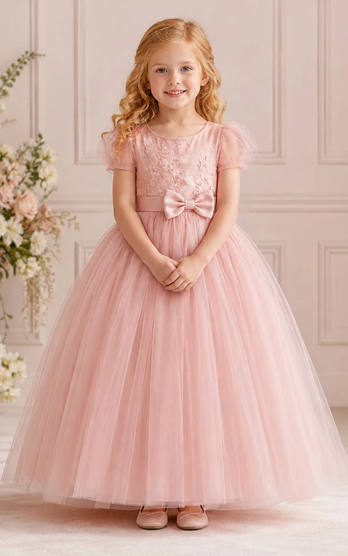 Flower Girl Dress Blush Lace Tulle A-Line Jewel Neck Tea Length