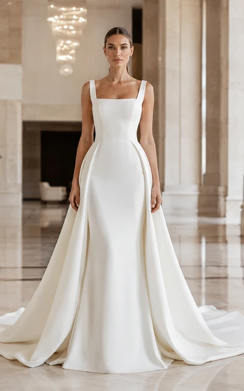 Satin-Hochzeitskleid im Meerjungfrauenstil mit eckigem Ausschnitt, ärmellos, Kapellenschleppe