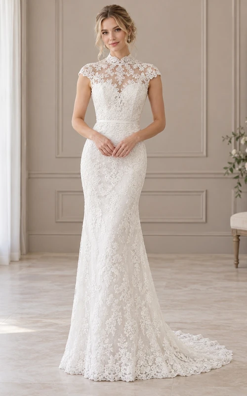Sheath High Neck Cap Sleeve Scalloped Lace Wedding Dress
