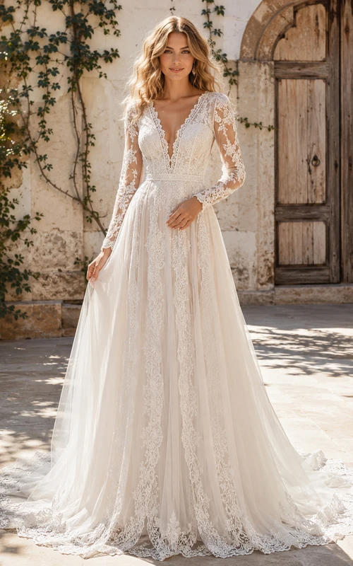 Robe de mariée bohème en dentelle, manches longues, col en V, coupe trapèze, style jardin
