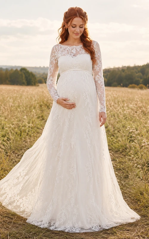 Maternity Wedding Dress Square Neck Long Sleeve Lace Tulle Country Gown with Sweep Train