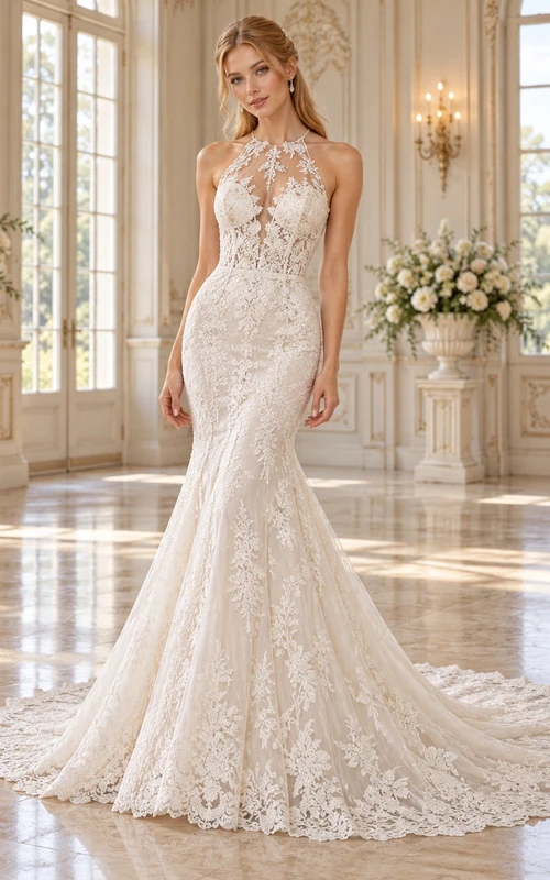 Mermaid High Halter Neck Floral Lace Open Back Wedding Dress