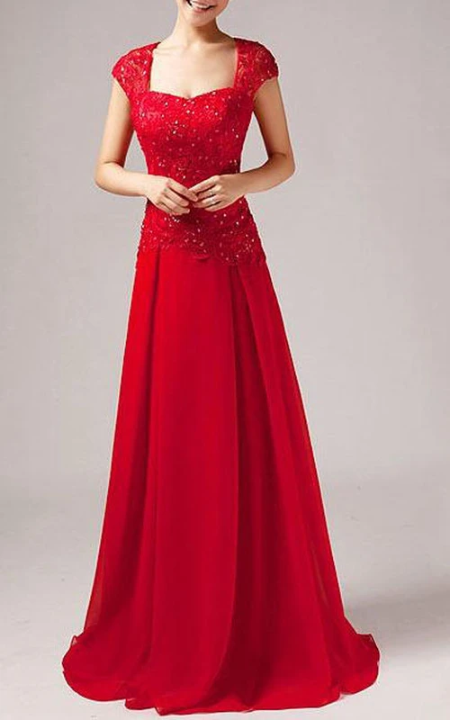 Elegantes, bodenlanges A-Linien-Abendkleid aus Spitze mit kurzen Ärmeln
