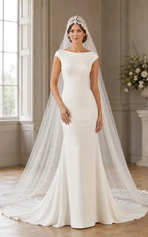 Vestido de novia clásico de corte recto con cola de manga corta para ceremonia