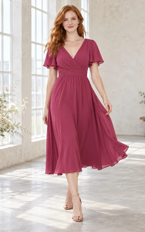 Vestido de dama de honor vaporoso de gasa con escote en V, mangas con volantes y largo hasta la rodilla, color frambuesa.