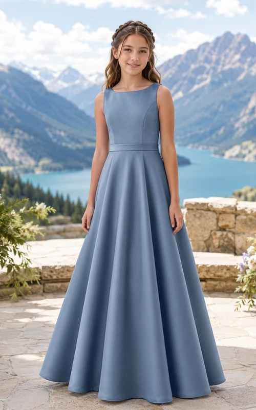 Stahlblaues Brautjungfernkleid für junge Mädchen, A-Linie, U-Boot-Ausschnitt, ärmellos, romantisch