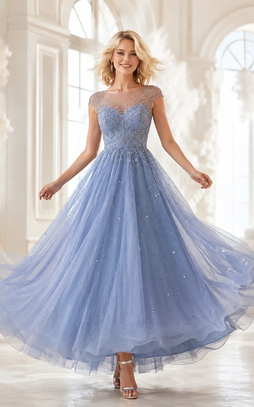 Vestido de cóctel de fiesta de corte A, largo midi, de tul azul cielo con hombros descubiertos y detalles de cuentas.