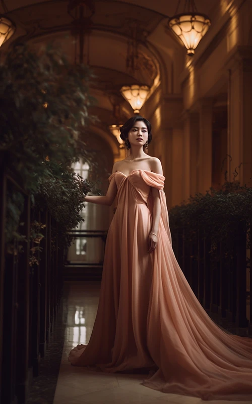 Vestido de gasa color rosa empolvado con escote Bardot y corte imperio fruncido.