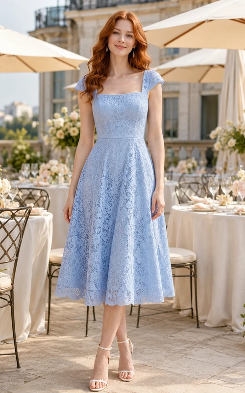 Sky Blue Square Neck Lace Bridal Shower Dress