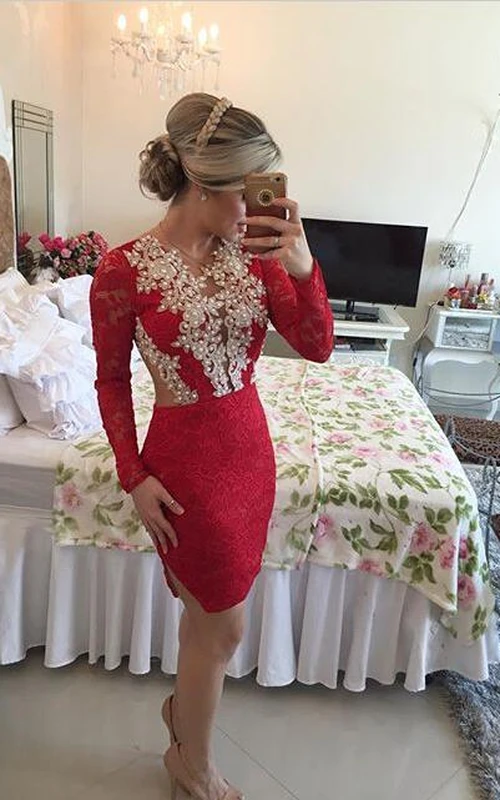 Sexy rotes Cocktailkleid mit langen Ärmeln, Spitze und Perlenbesatz, kurzes Ballkleid
