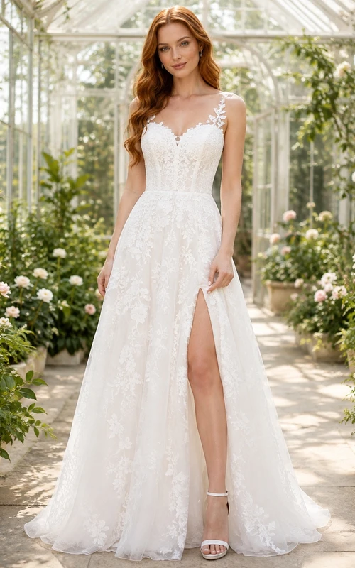 Romantic Lace A-Line Sweetheart Spaghetti Strap Split Wedding Dress