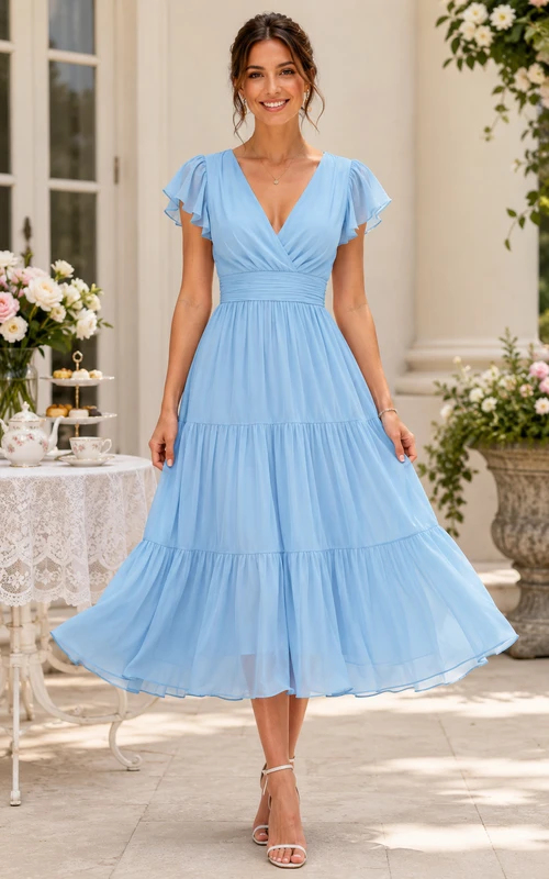 Robe en mousseline bleu ciel à col V et manches papillon.