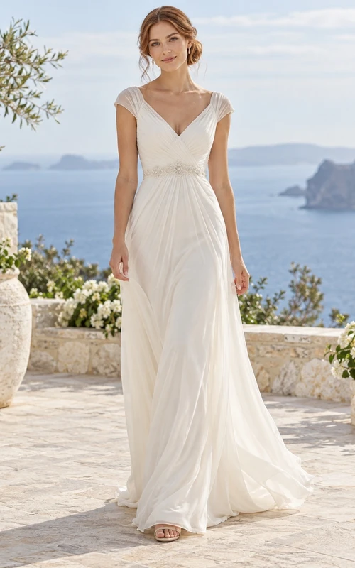 V-neck Cap Sleeve Pleated Chiffon A-line Train Wedding Dress