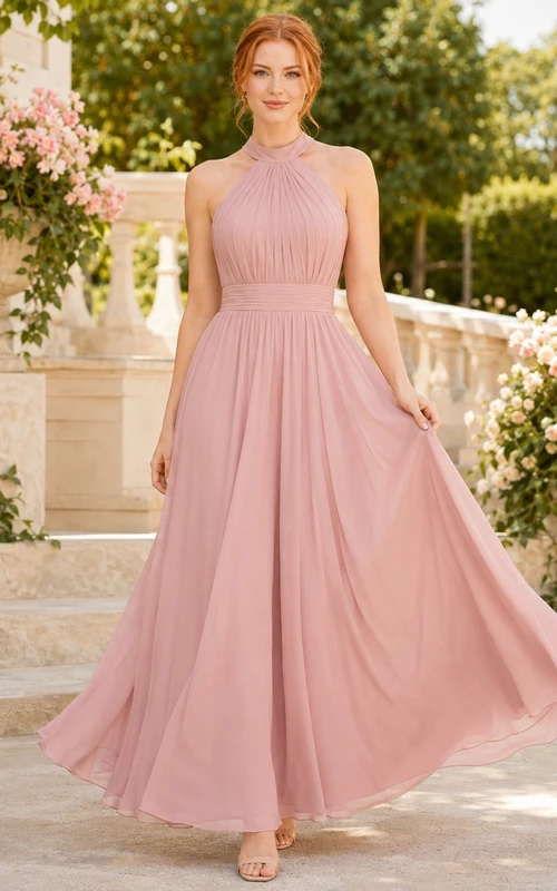 Rosafarbenes, halterloses, plissiertes Chiffon-Kleid in A-Linie, bodenlang, für festliche Anlässe im Garten