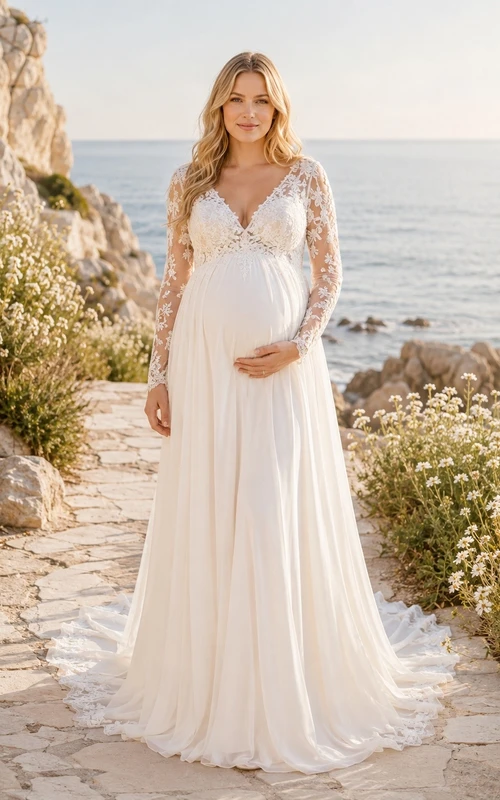 Vestido de novia de maternidad largo hasta el suelo, estilo imperio, con escote en V y mangas largas, ideal para fugas románticas.