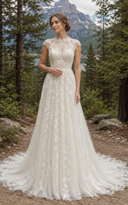 Robe de mariée trapèze en dentelle à col montant et manches courtes, dos illusion et traîne chapelle