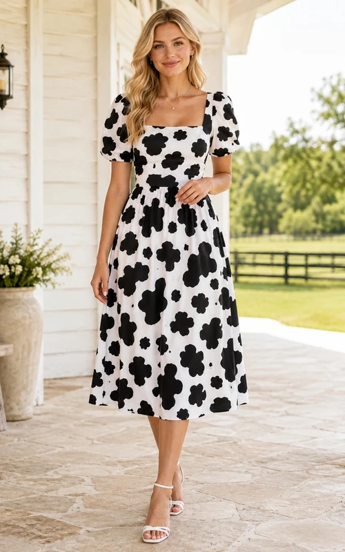 Schwarzes und weißes Landhauskleid mit Kuhmuster, quadratischen Puffärmeln, Teelänge und A-Linien-Schnitt