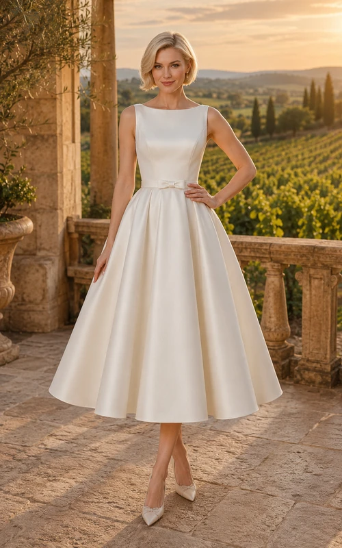 Bateau Satin Tea Length Wedding Dress