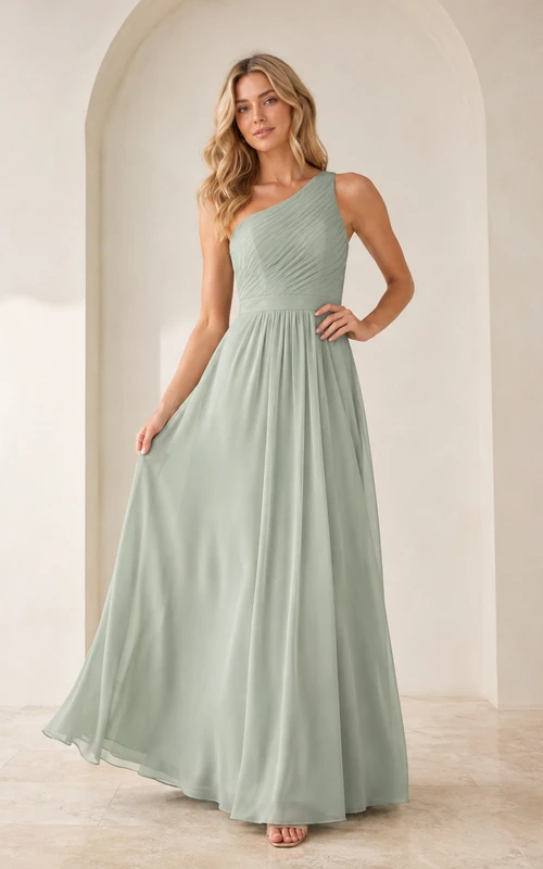 Elegante vestido de noche de dama de honor de gasa color celadón, sin mangas, con un solo hombro y corte en A, largo hasta el suelo.