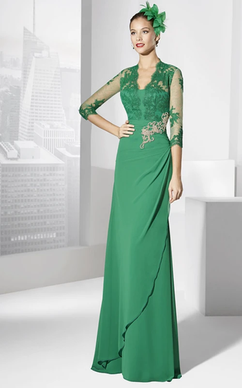 Vestido de fiesta de jersey ajustado, largo hasta el suelo, con escote en V y mangas cortas con apliques.