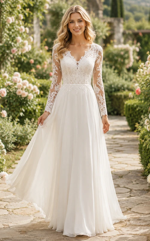 Romantic Long Sleeve Lace A Line Garden Elopement Bridal Gown