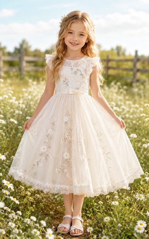 Blumenmädchenkleid aus elfenbeinfarbenem Spitzentüll, A-Linie, kurze Ärmel, Rundhalsausschnitt, Teelänge, Schleife am Rücken, florale Applikationen
