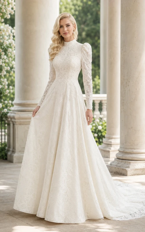 Modest High Neck Lace Wedding A Line Long Puff Sleeve Chapel Train
