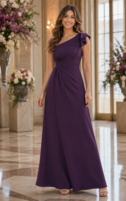 Vestido formal largo color ciruela con un solo hombro