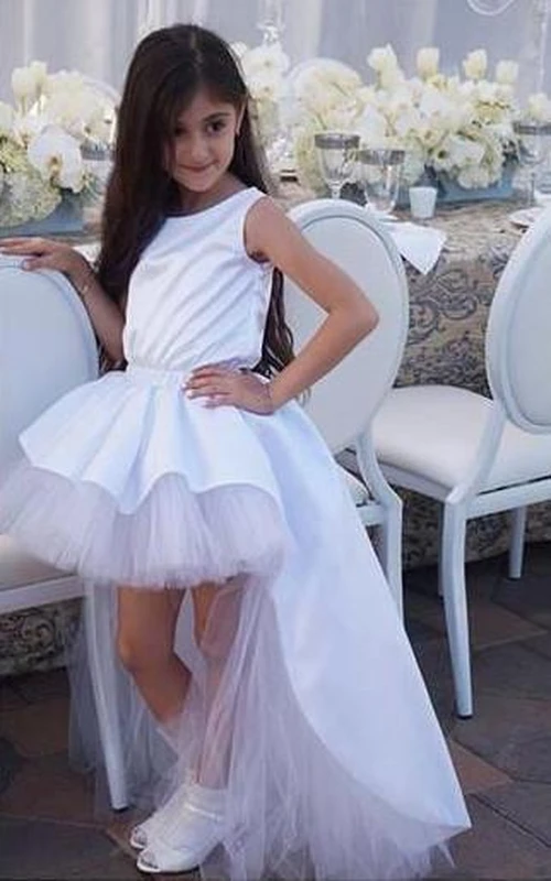 Lovely White Hi-Lo Tulle Flower Girl Dress Sweep Train Jewel