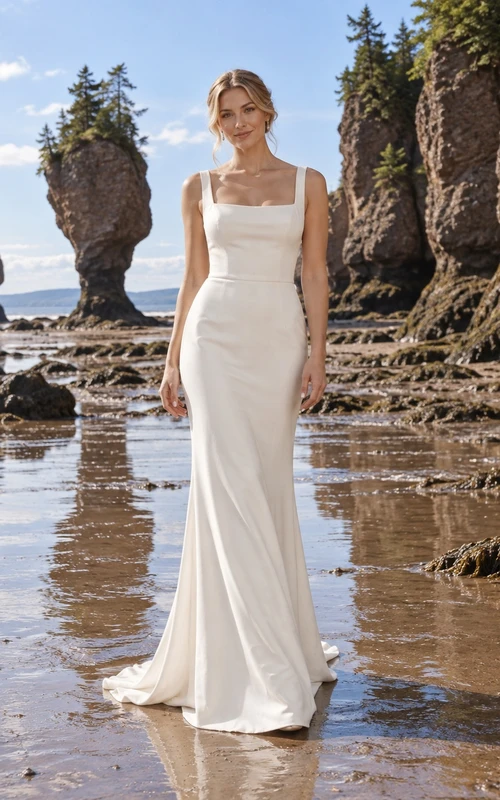 Brautkleid mit eckigem Ausschnitt, breiten Trägern, Meerjungfrauen-Silhouette aus Crêpe und Schleppe