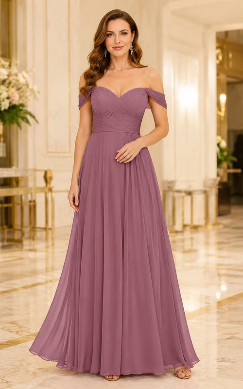 Mauvefarbenes Chiffon-Abendkleid mit kurzen Ärmeln und A-Linie