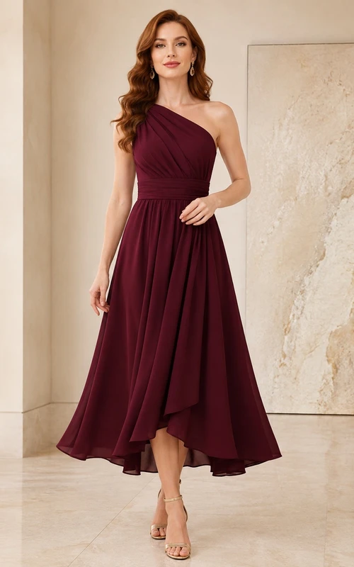 Elegant Burgundy One-Shoulder Sleeveless Tulle A-Line Asymmetrical Dress